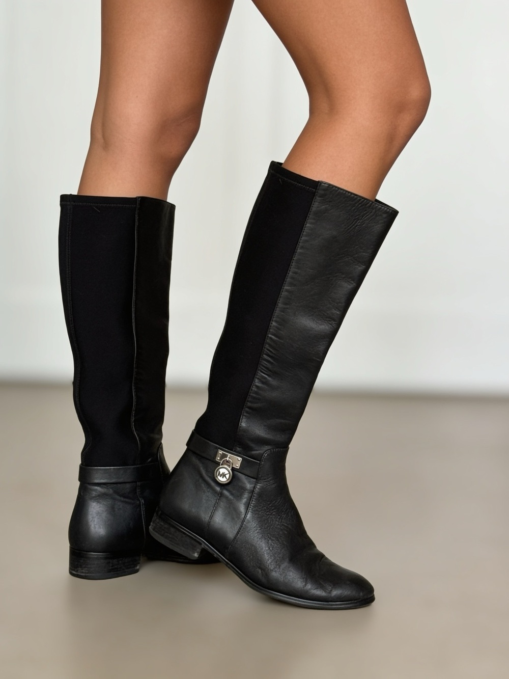 Michael Kors Black Leather & Stretch Knee Boots